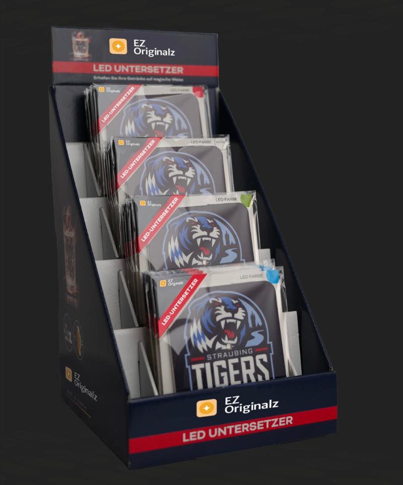 Aufsteller-Display mit LED-Untersetzern der Straubing Tigers