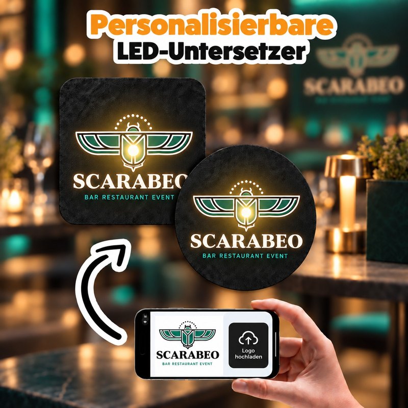 Personalisierbare LED-Untersetzer, eckig und rund, mit eigenem Logo bedruckt